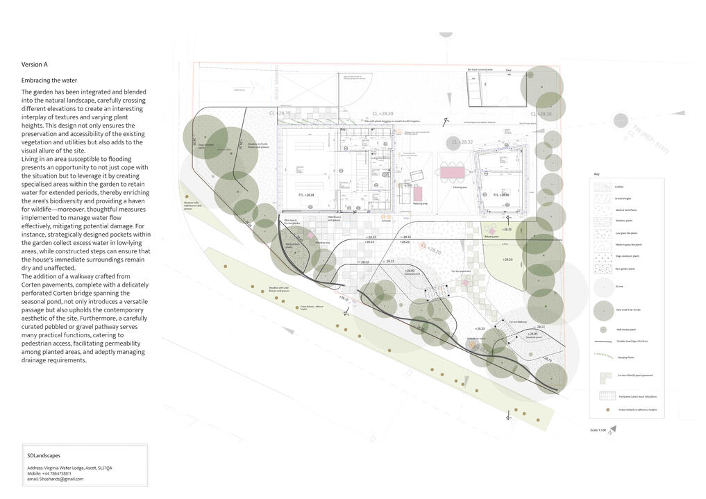 Master plan for the Marlow garden showing planting layout, water-retention zones, and Corten steel features designed to integrate architecture, ecology, and sustainable water flow. Landscape master plan of the completed Marlow garden project illustrating flood-resilient design, planting zones, and eco-landscaping strategy by SD Landscapes.
